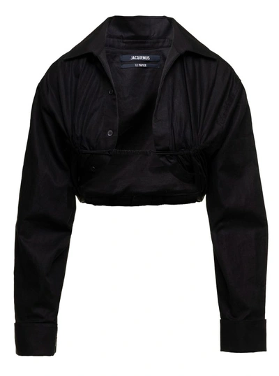 JACQUEMUS LE CHEMISE MACHOU' BLACK GATHERED CROPPED SHIRT