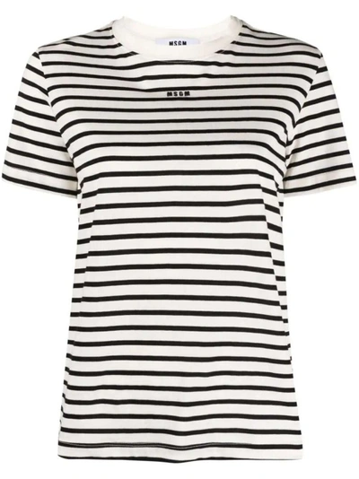 Msgm Logo-embroidered Striped T-shirt In White