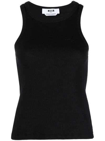 MSGM BLACK EMBROIDERED-LOGO RIBBED TANK TOP