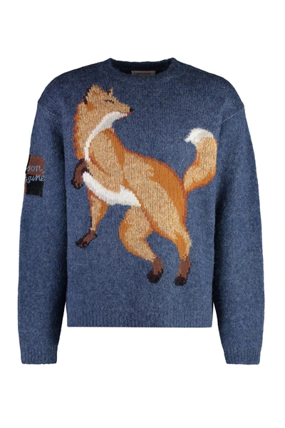 Maison Kitsuné Fox Intarsia Crewneck Sweater In Denim Blue