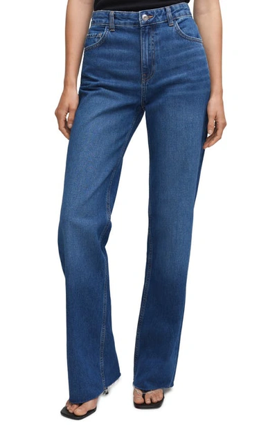 Mango Raw Hem Mid Rise Wide Leg Jeans In Dark Blue