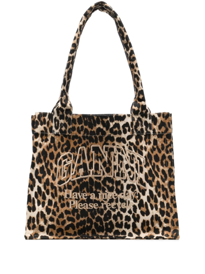 Ganni Leopard Large Canvas Tote Bag In Brown