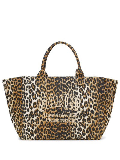 Ganni Oversized Canvas Tote Bag In Animal Print