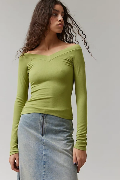 Bdg Shannen Off-the-shoulder Long Sleeve Tee In Green, Women's At Urban Outfitters