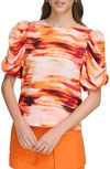 Dkny Sportswear Print Puff Sleeve Satin Top In Orange Blossom Multi