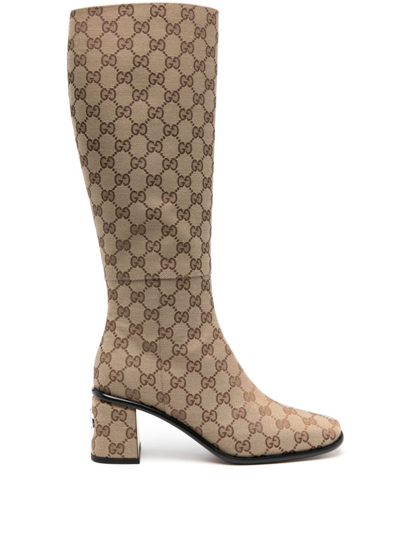 GUCCI NEUTRAL GG SUPREME KNEE-HIGH BOOTS - WOMEN'S - CALF LEATHER/FABRIC