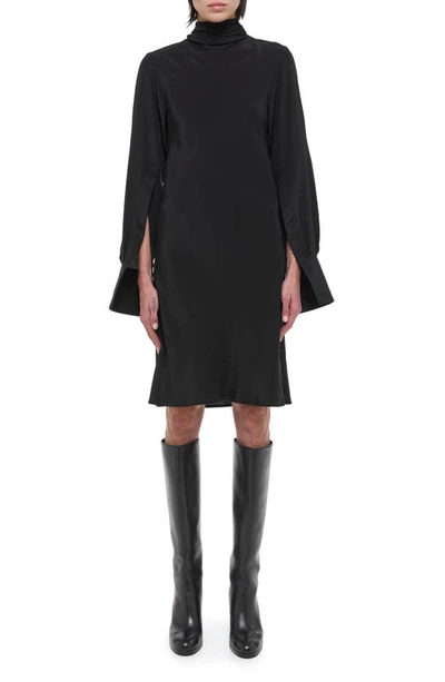 Helmut Lang Scarf Neck Long Sleeve Silk Dress In Black