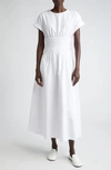 LAFAYETTE 148 SMOCKED WAIST COTTON POPLIN MIDI DRESS