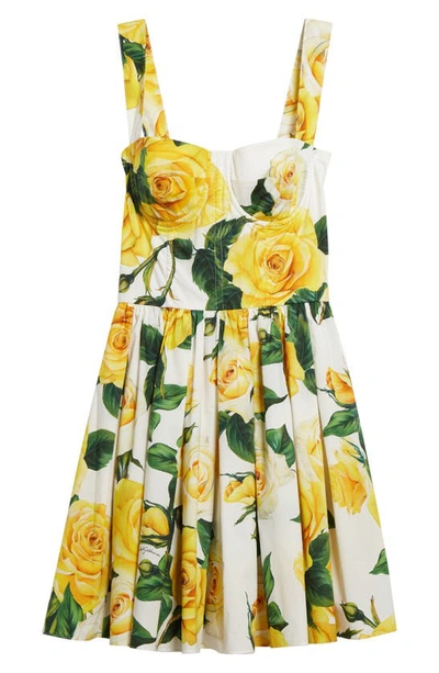 Dolce & Gabbana Rose-print Cotton Minidress In Yellow