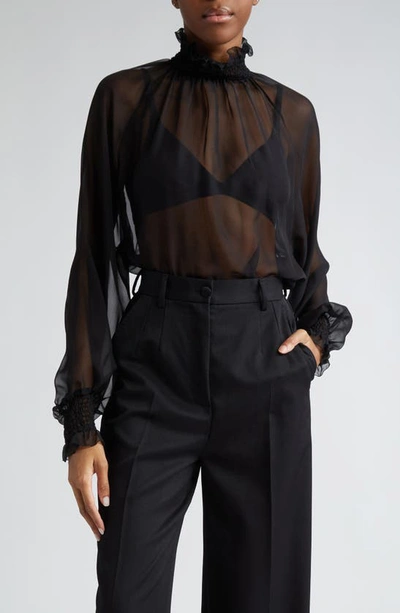 Dolce & Gabbana Sheer Chiffon Smocked Blouse In Nero