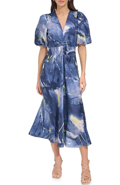 Dkny Print Puff Sleeve Satin Midi Dress In Fluoro Yellow/ Inky Blue Multi