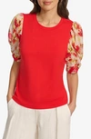Dkny Floral Puff Sleeve Top In Flame/ Orange Blossom