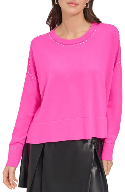 Dkny Stud Detail Crewneck Sweater In Shocking Pink