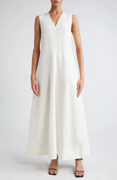 Totême Fluid V-neck Linen Blend Midi Dress In Off White
