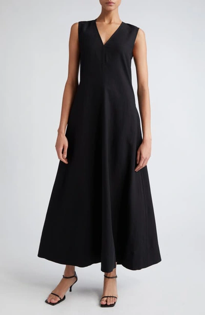 Totême Fluid V-neck Linen Blend Midi Dress In Black 001