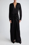 Totême V-neck Long-sleeve Satin Knotted Maxi Dress In Black