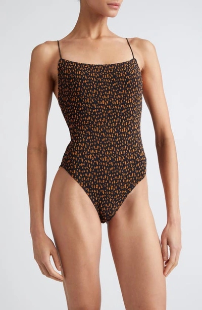 Totême Abstract-print Shirred Swimsuit In Black