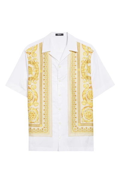 Versace Barocco Print Silk Overlay Cotton Poplin Camp Shirt In Champagne