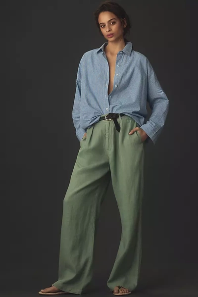 Denimist Double-pleat Wide-leg Linen Pants In Green