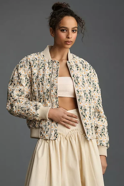 Avec Les Filles Embroidered Daisy Bomber Jacket In White