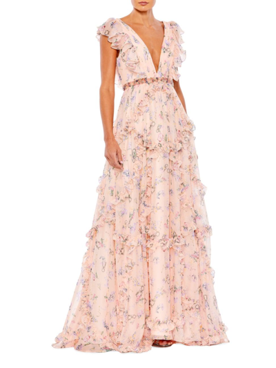 Mac Duggal Women's Floral Ruffled Cap-sleeve Gown In Pink