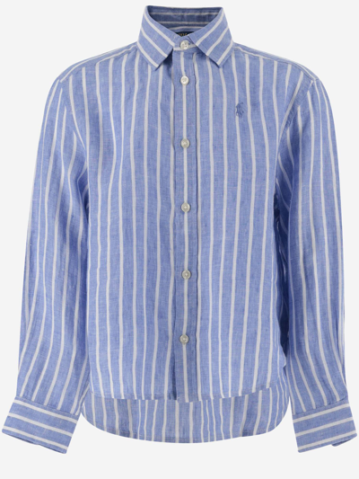 Polo Ralph Lauren Kids' Striped Linen Shirt With Logo In Blue