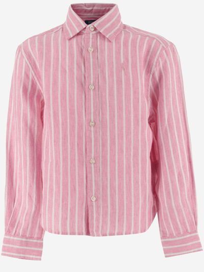 Polo Ralph Lauren Kids' Linen Striped Shirt With Logo In Pink