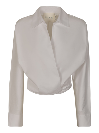 Closed V-neck Cropped Plain Shirt In White
