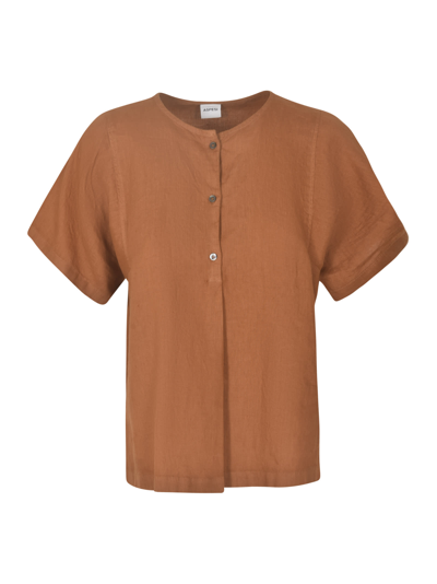 Aspesi Band Collar Plain Short-sleeved Shirt In Terra