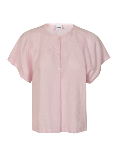 Aspesi Band Collar Plain Short-sleeved Shirt In Pink