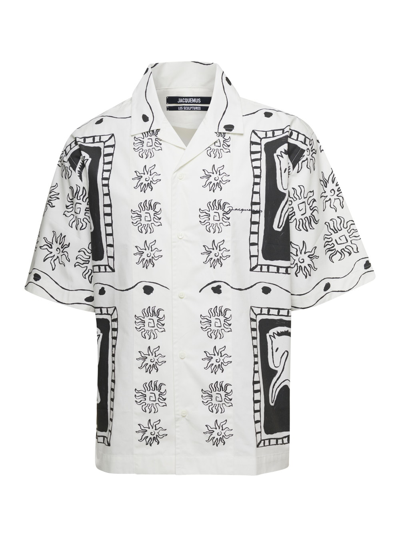JACQUEMUS WHITE LA CHEMISE JEAN SHIRT WITH ABSTRACT PRINT IN COTTON MAN
