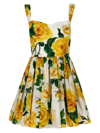 Dolce & Gabbana Rose Print Pleated Poplin Mini Dress In Yellow
