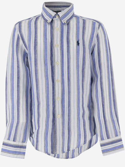 Polo Ralph Lauren Kids' Striped Linen Logo Shirt In Red