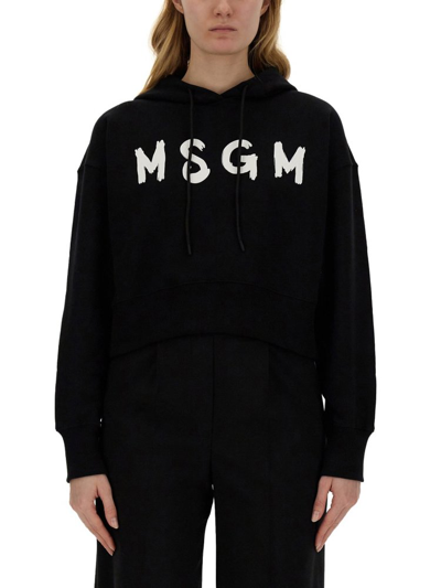 Msgm Logo Printed Drawstring Hoodie In Black