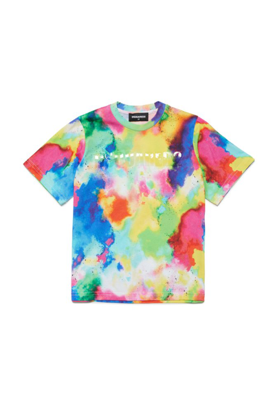 Dsquared2 Kids' Rubberised Logo Tie-dye Print T-shirt In Multi