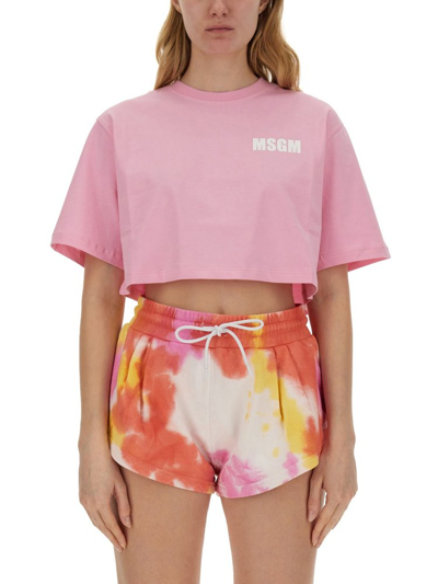 Msgm Logo Printed Cropped T In Pink