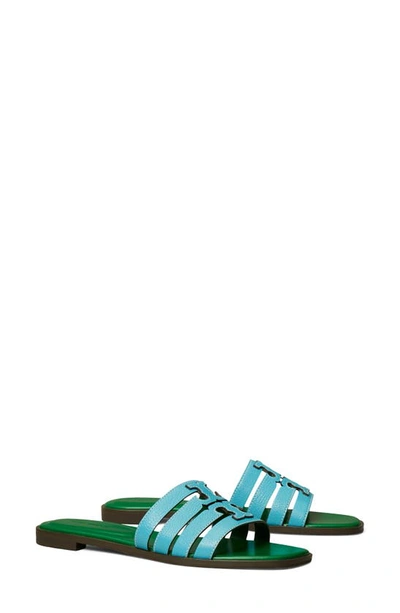 Tory Burch Ines Caged Leather Flat Slide Sandals In Sky Light Spring