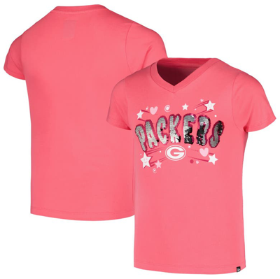 New Era Kids' Youth  Pink Green Bay Packers Flip Sequins V-neck T-shirt