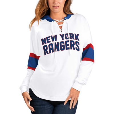 G-iii 4her By Carl Banks Women's  White, Blue New York Rangers Goal Zone Long Sleeve Lace-up Hoodie T In White,blue