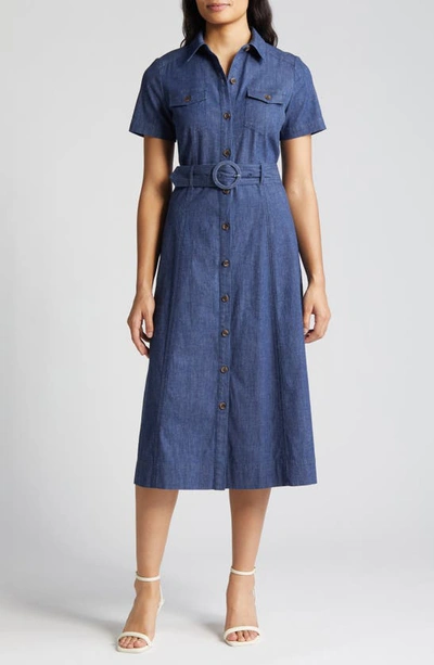 Anne Klein Belted Denim Shirtdress In Ak Wash