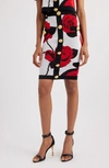 Balmain Rose Print Knit Pencil Skirt With Button Detail In Gqv White/ Black/ Red