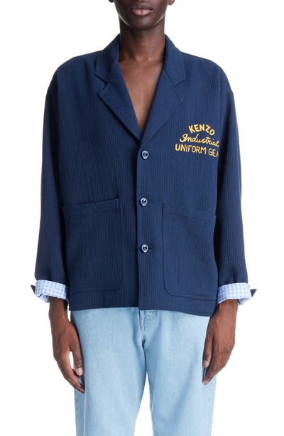 Kenzo Drawn Varsity Logo Embroidered Cotton Corduroy Workwear Jacket In Midnight Blue
