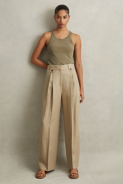 Reiss Leila - Light Khaki Linen Front Pleat Trousers, Uk 14 L