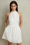 REISS EDEN - WHITE MINI BRODERIE HALTER NECK DRESS, US 0