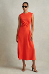 REISS STACEY - ORANGE RUCHED MIDI DRESS, US 4