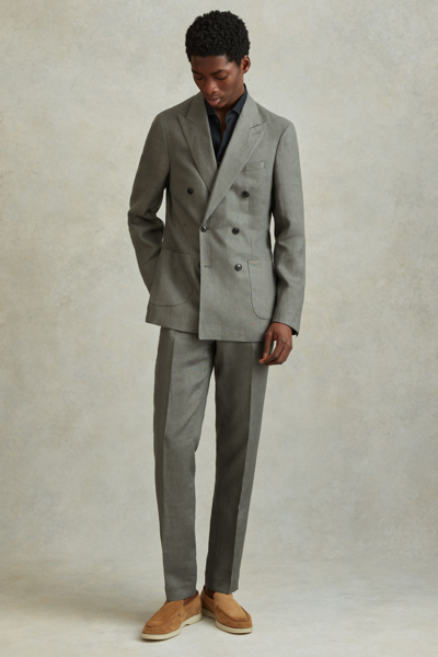 Reiss Dark Sage 100% Linen Side Adjuster Slim Fit Trousers