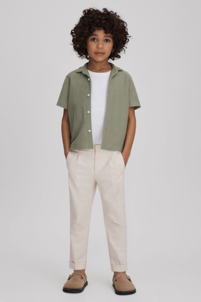 Reiss Kids' Gerrard - Pistachio Junior Textured Cotton Cuban Collar Shirt, Age 4-5 Years