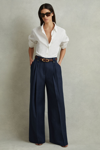 REISS LEILA - NAVY LINEN FRONT PLEAT TROUSERS, UK 4 L