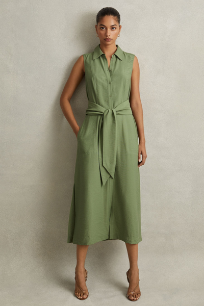 Reiss Morgan - Green Viscose Blend Belted Shirt Dress, Us 12