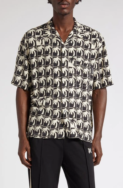 Palm Angels Palm-tree Print Bowling Shirt In Brown